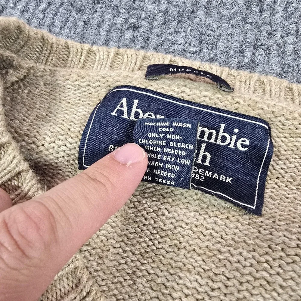VTG Abercrombie & Fitch Sweater Mens XL Beige Cotton V Neck Knit Pullover Raglan
